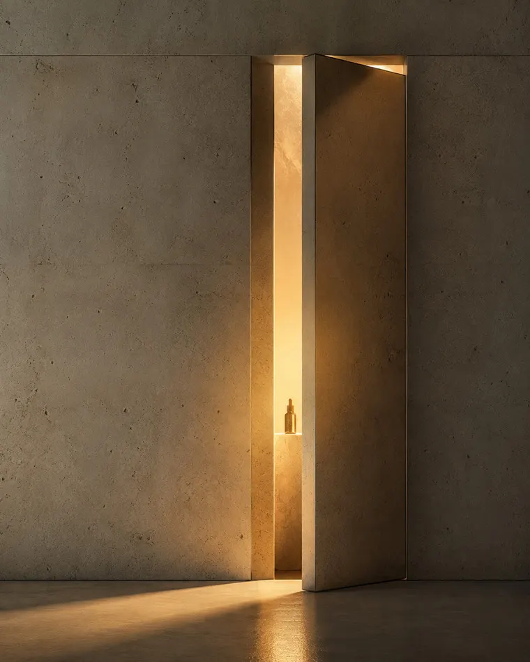Concrete door standing ajar in a stone wall, warm light spilling through the gap onto a small amber bottle on a pedestal